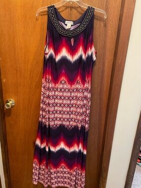 Catherines Sleeveless Maxi Dress in Red, Purple & White with Beaded Neckline